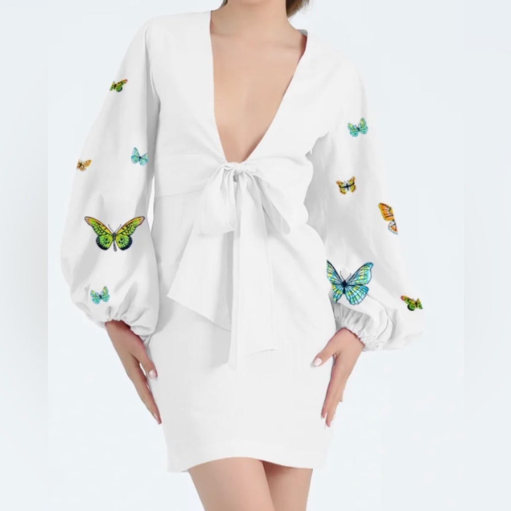 NWT Fanm Mon DressesEmbroidered Butterfly Cotton Long Sleeve Deep V Mini Dress S